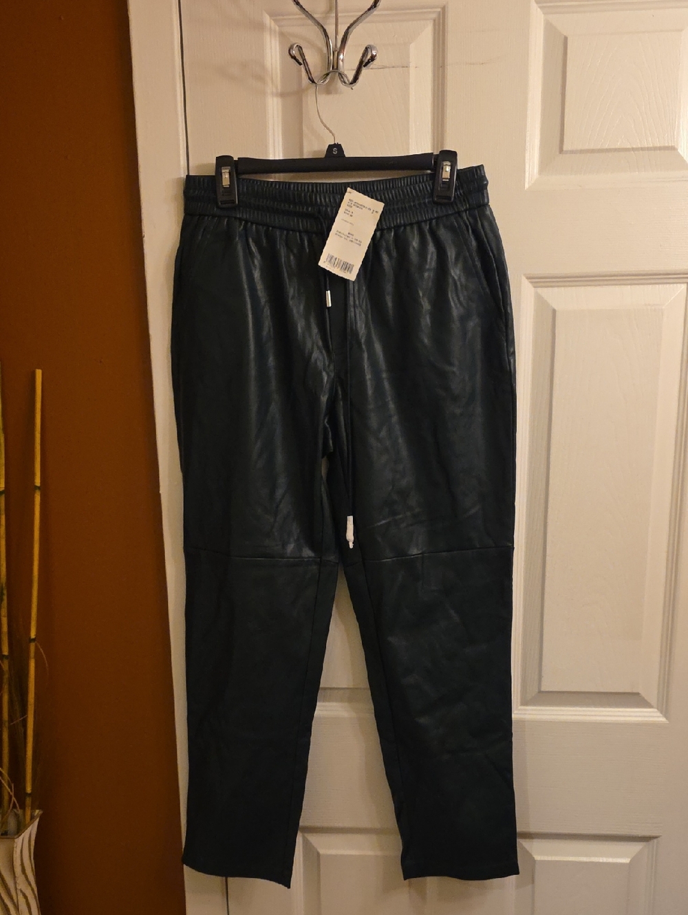 Faux-Leather Black Jogger Pants with Drawstring Waist